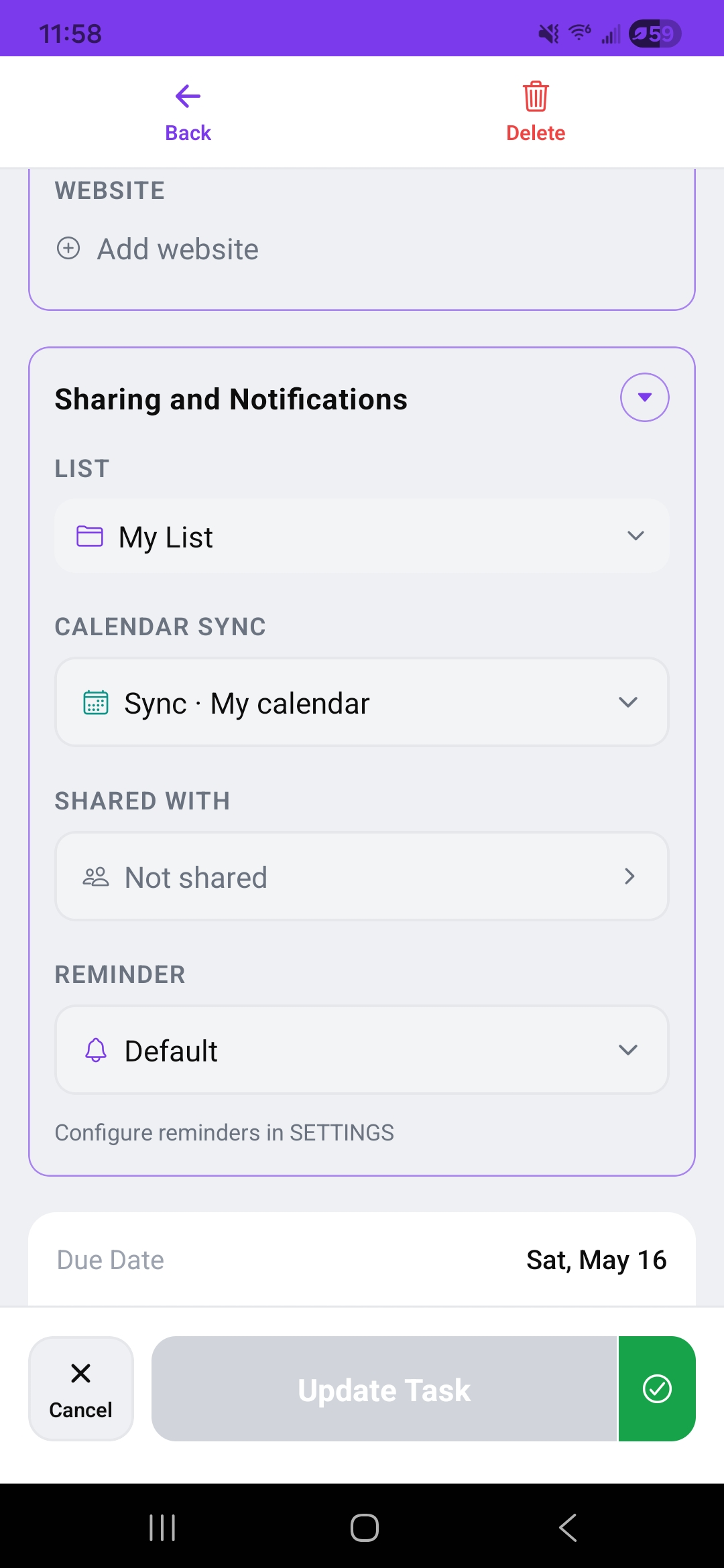 Calendar and lists screen
