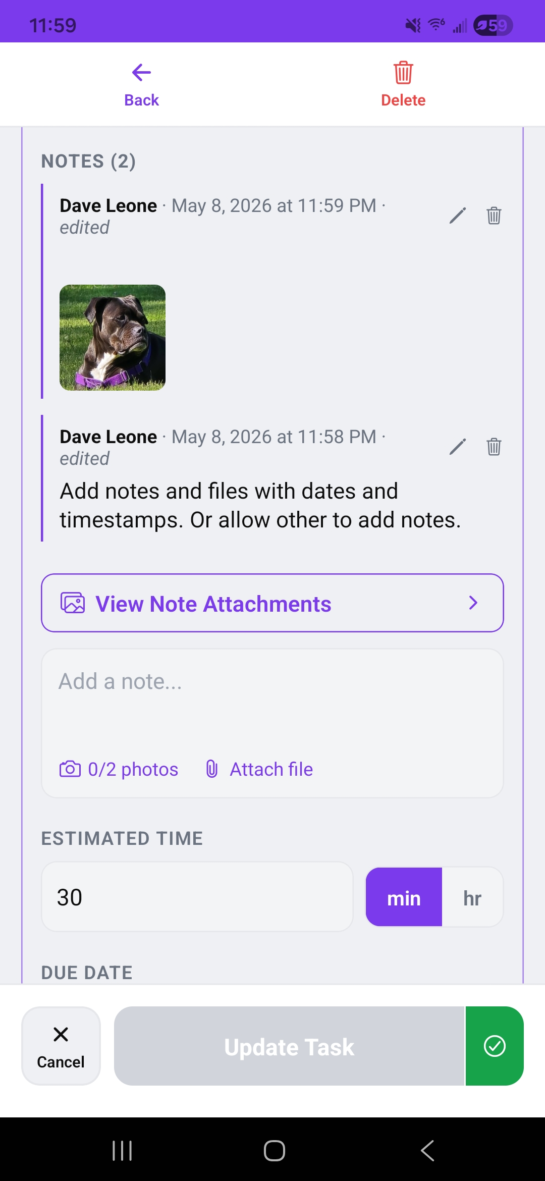 Notes and files screen