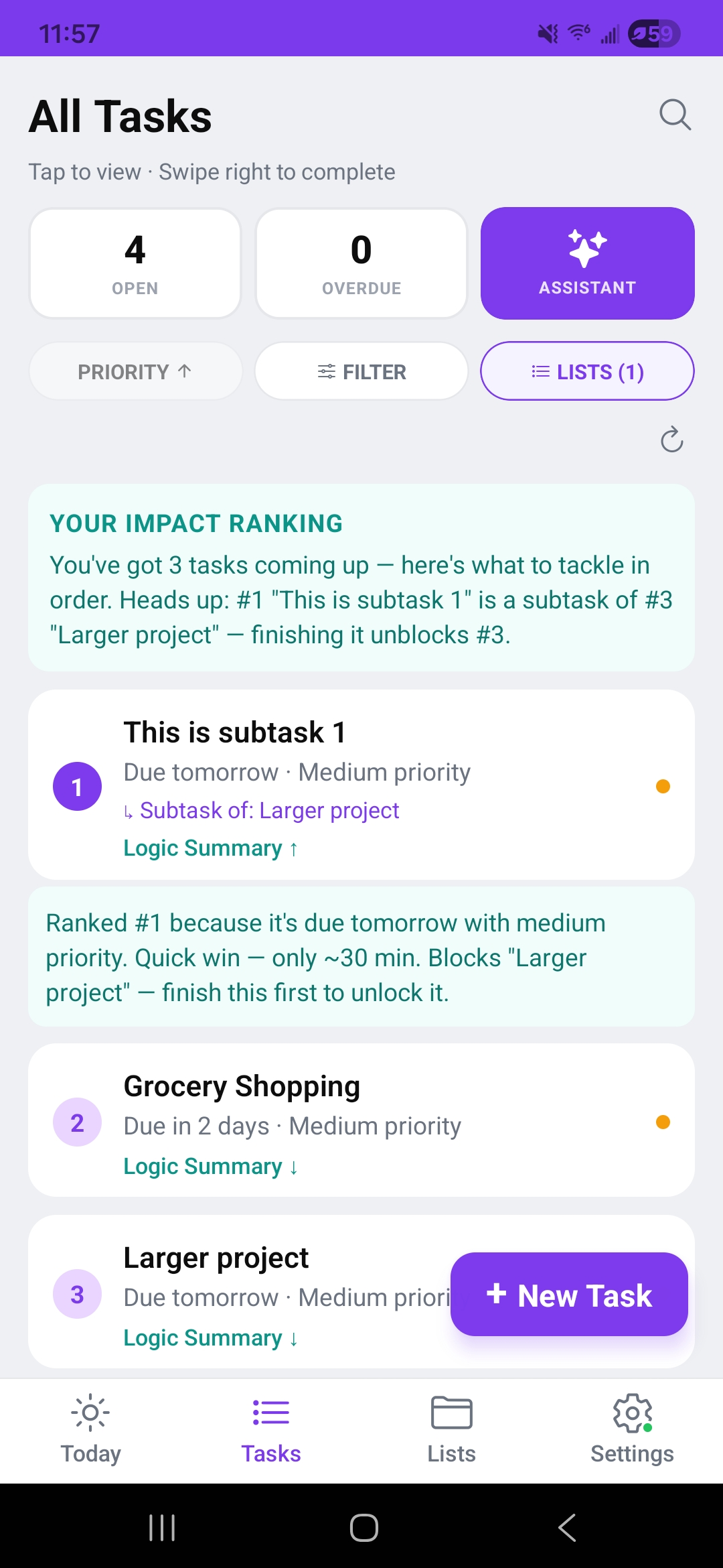 Priority Assistant screen