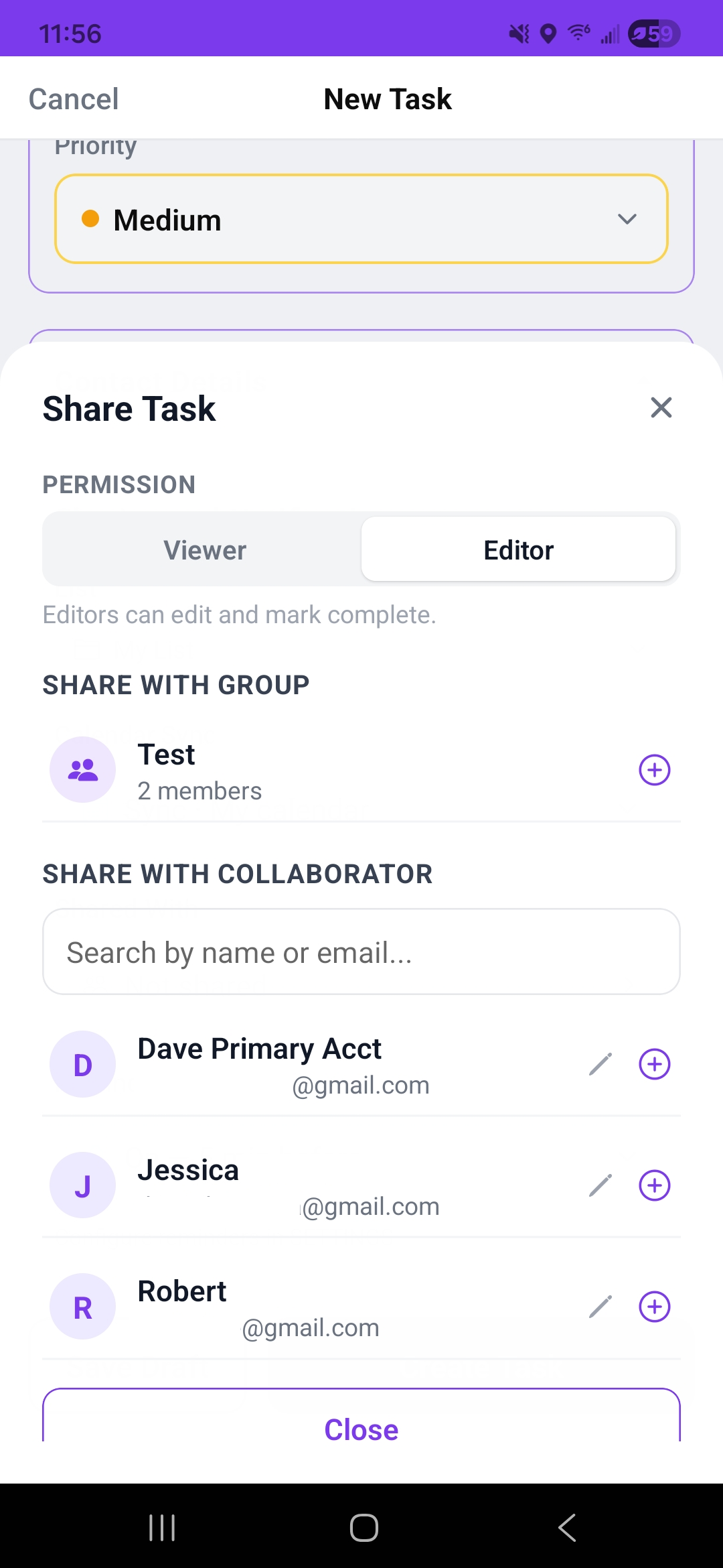 Task sharing screen